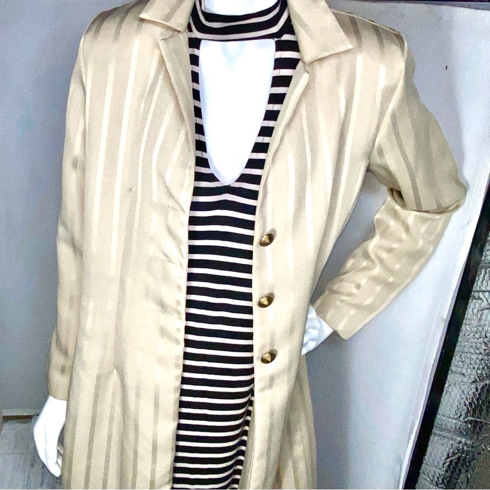 Vintage 90s Champagne Satin Duster Coat//Tonal Stripe Maxi Blazer
